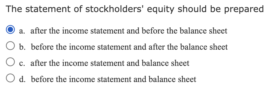 question content area the statement of stockholders equity should be prepared