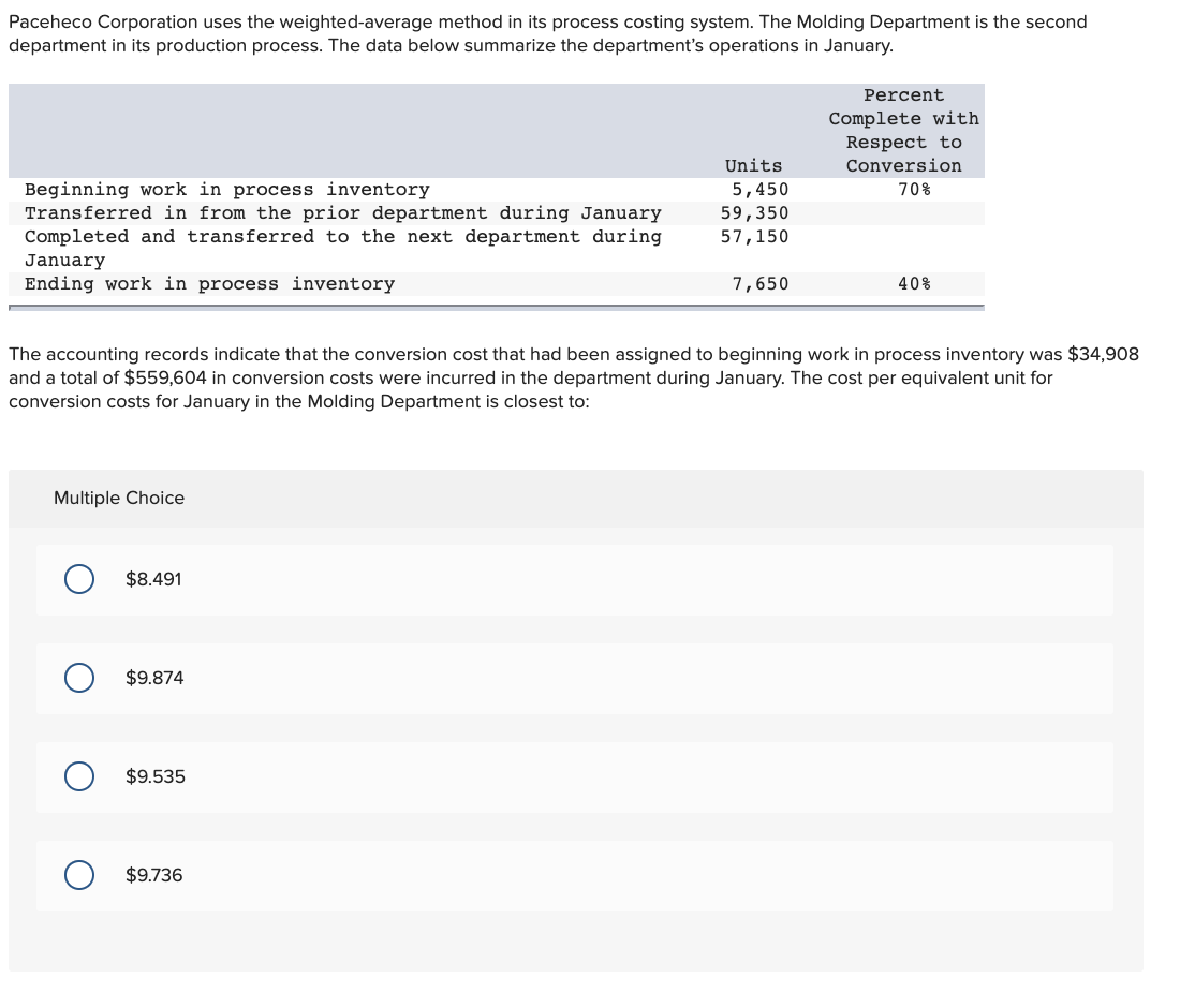 Solved Paceheco Corporation uses the weighted average method | Chegg.com