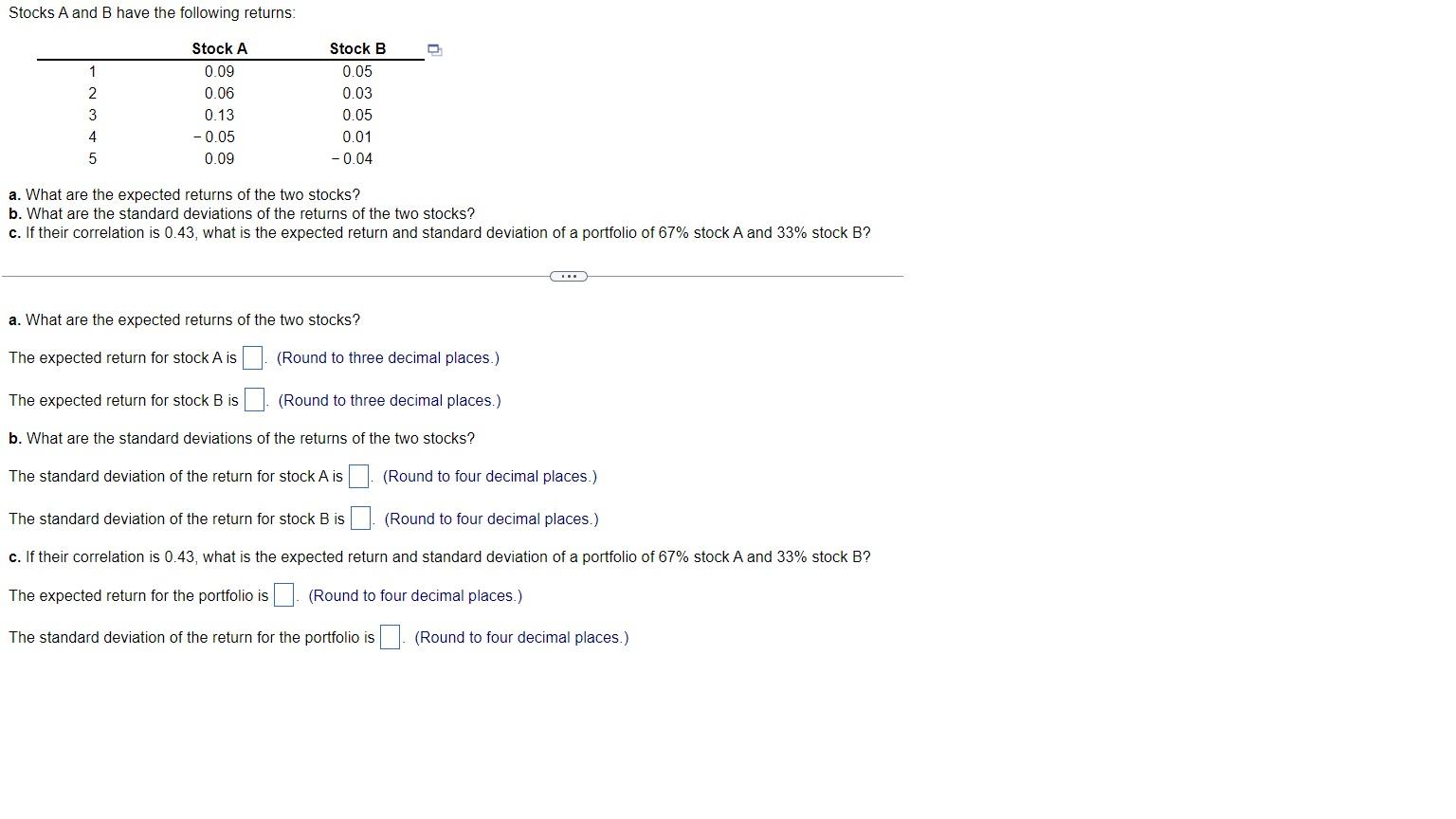 Solved Stocks A And B Have The Following Returns: 1 2 3 4 | Chegg.com