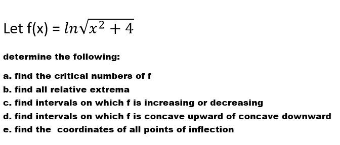 Solved Let f(x) = Invx2 + 4 = determine the following: a. | Chegg.com