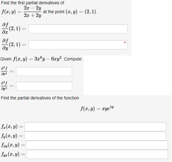 Find the first partial derivatives of \[ \begin{array}{l} f(x, y)=\frac{2 x-2 y}{2 x+2 y} \text { at the point }(x, y)=(2,1)