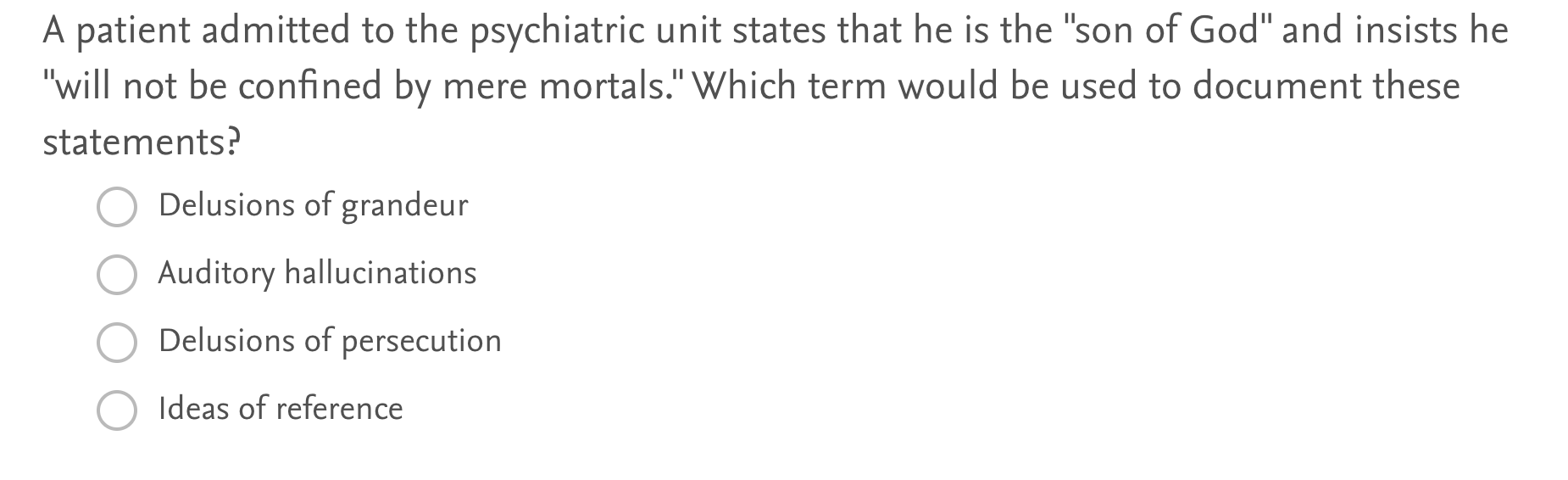 A patient admitted to the psychiatric unit states that he is the son of God and insists he will not be confined by mere mo