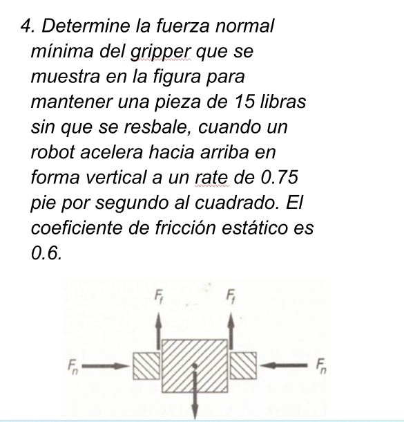 4. Determine la fuerza normal mínima del gripper que se muestra en la figura para mantener una pieza de 15 libras sin que se