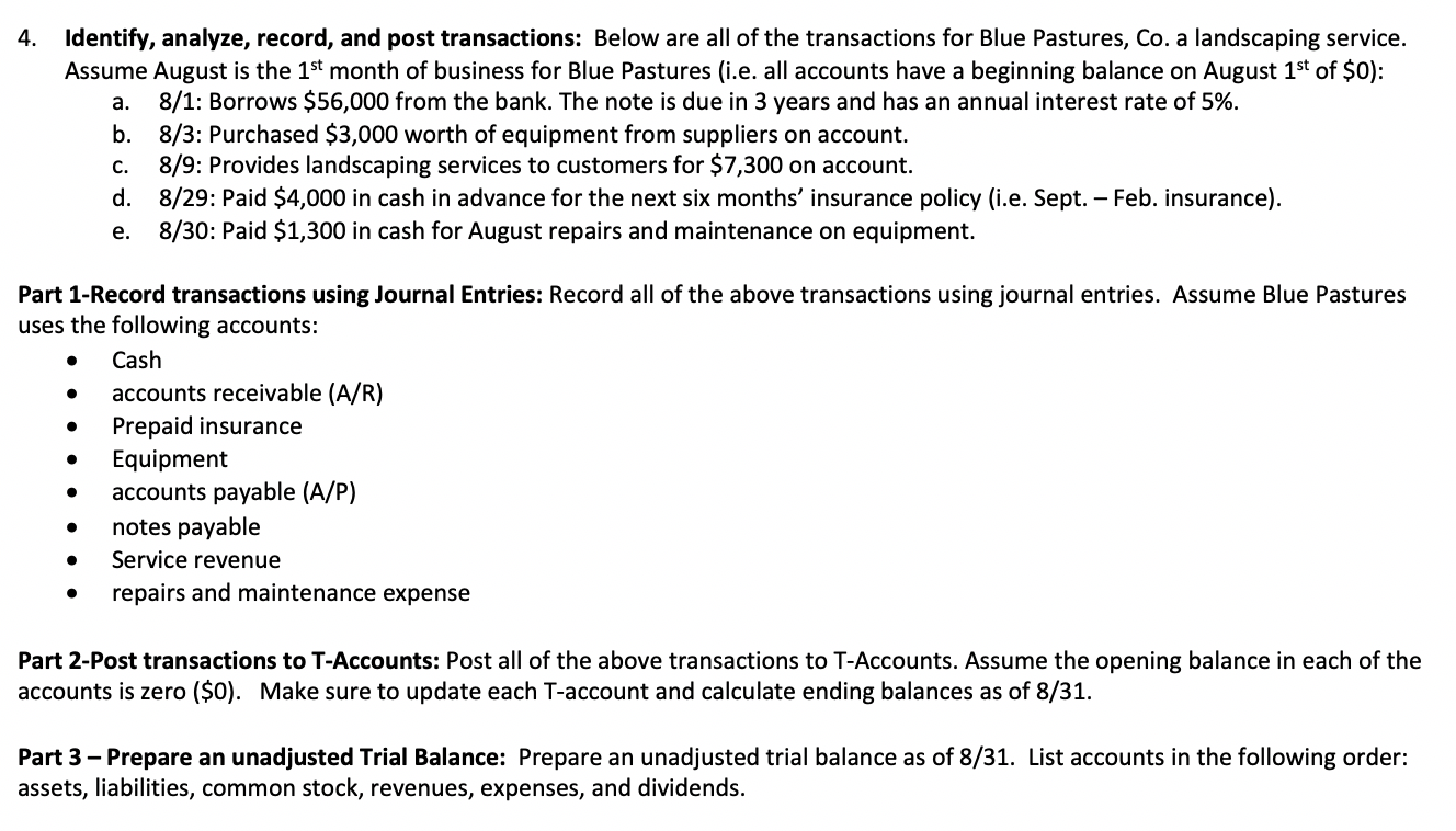 Solved 4. Identify, analyze, record, and post transactions: | Chegg.com