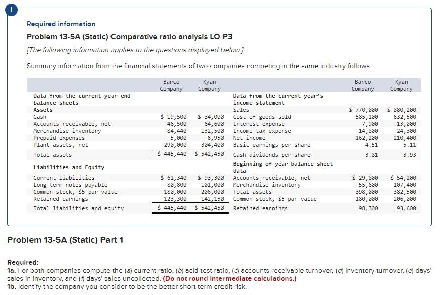 Solved Required information Problem 13-5A (Static) | Chegg.com