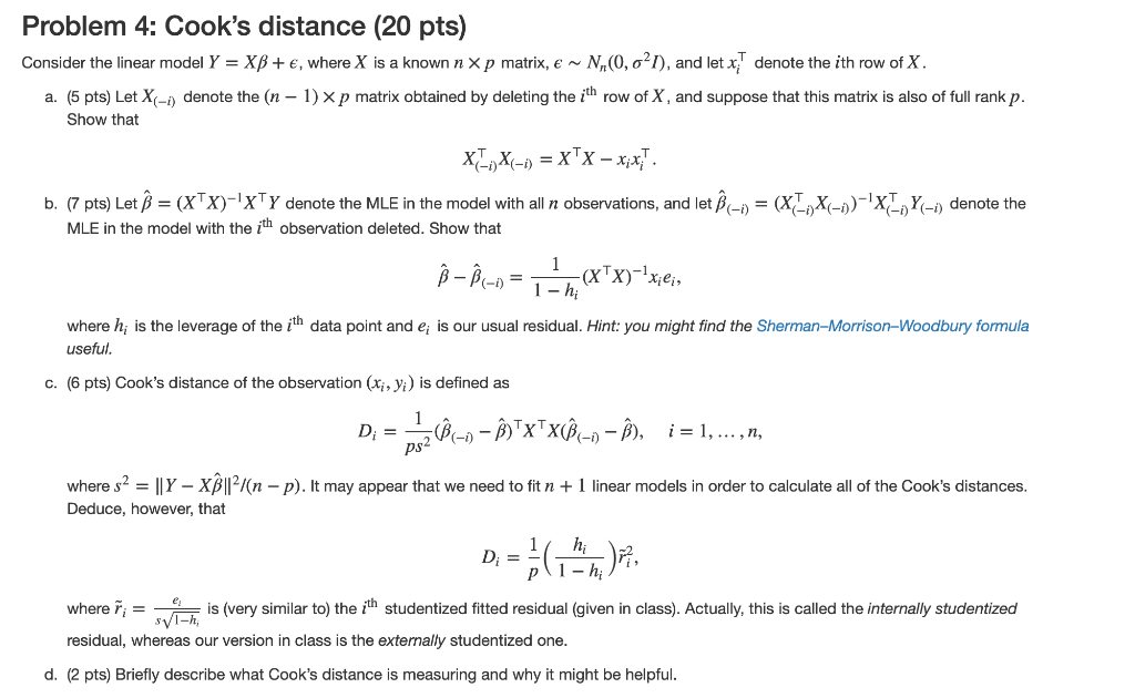 Problem 4: Cook's distance (20 pts) Consider the | Chegg.com