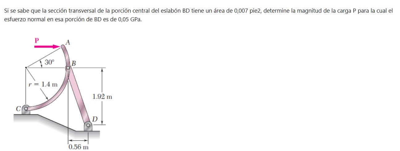 Si se sabe que la sección transversal de la porción central del eslabón BD tiene un área de 0,007 pie2, determine la magnitud