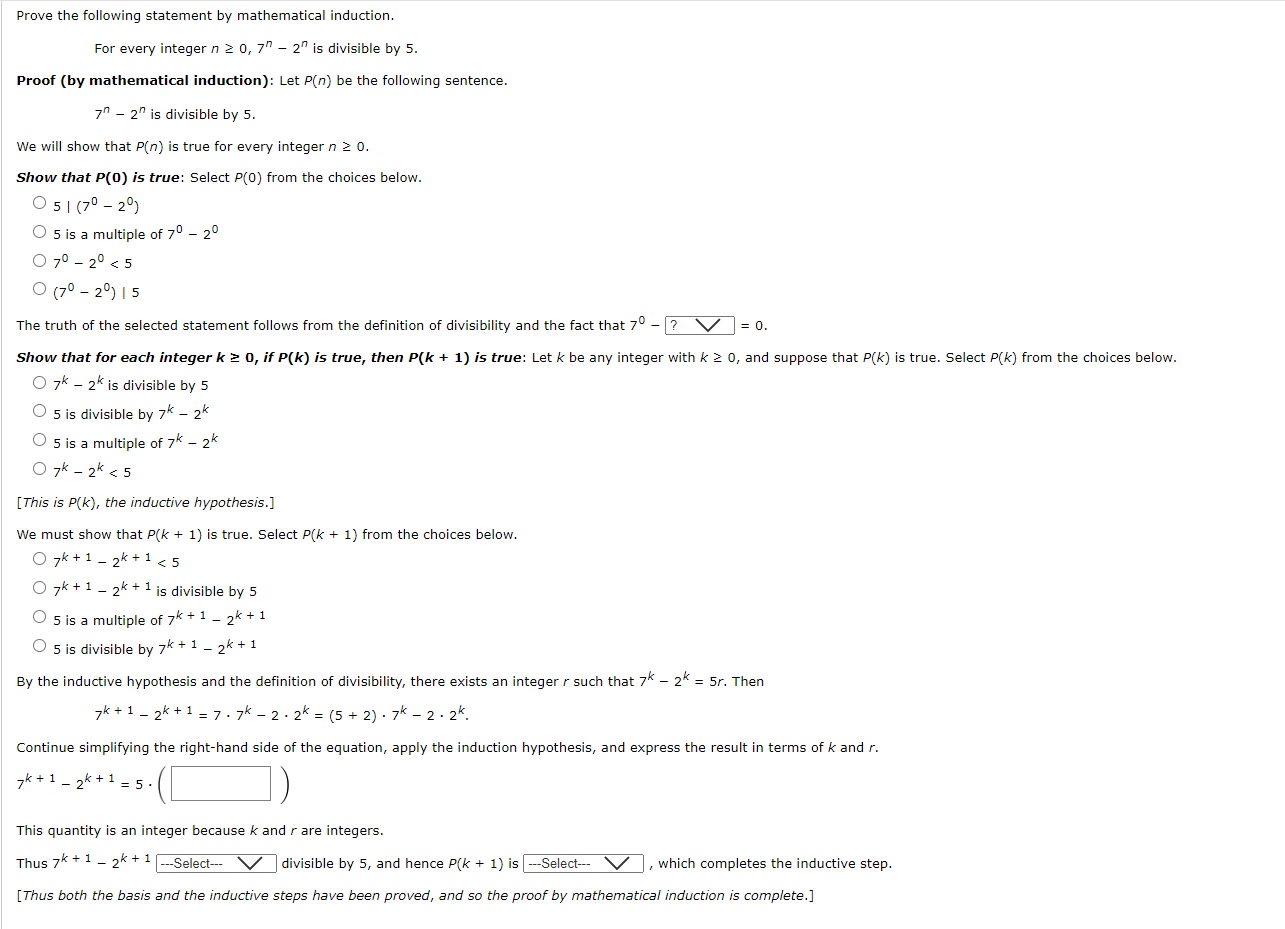 Solved For every integer n≥0,7n−2n is divisible by 5 . Proof | Chegg.com