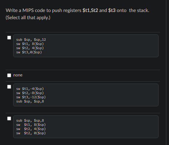 Solved Write a MIPS code to push registers $t1,$t2 and $t3 | Chegg.com
