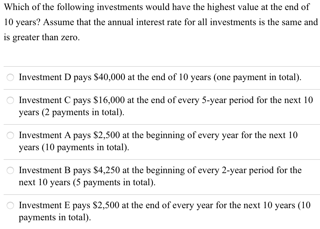 Solved Which Of The Following Investments Would Have The | Chegg.com