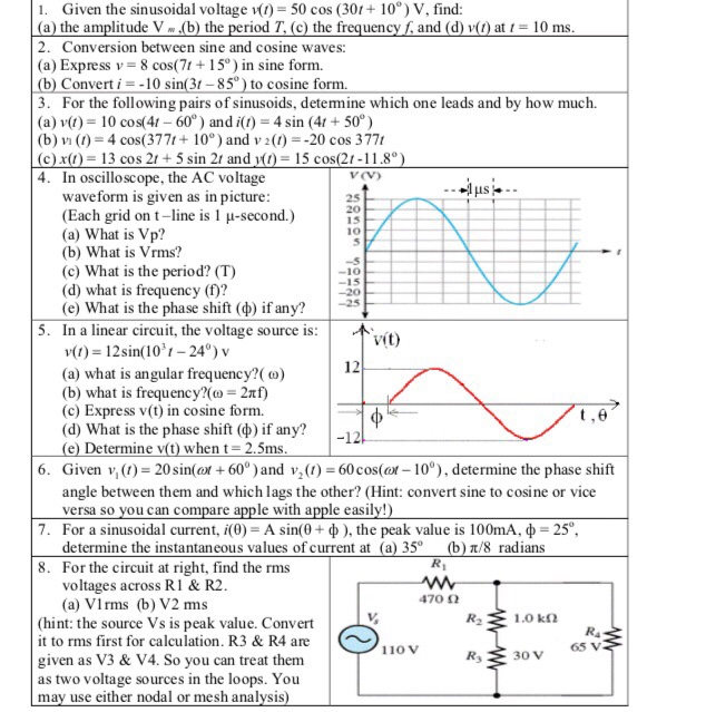 Solved 1 Given The Sinusoidal Voltage V 50 Cos 30 10° 0901