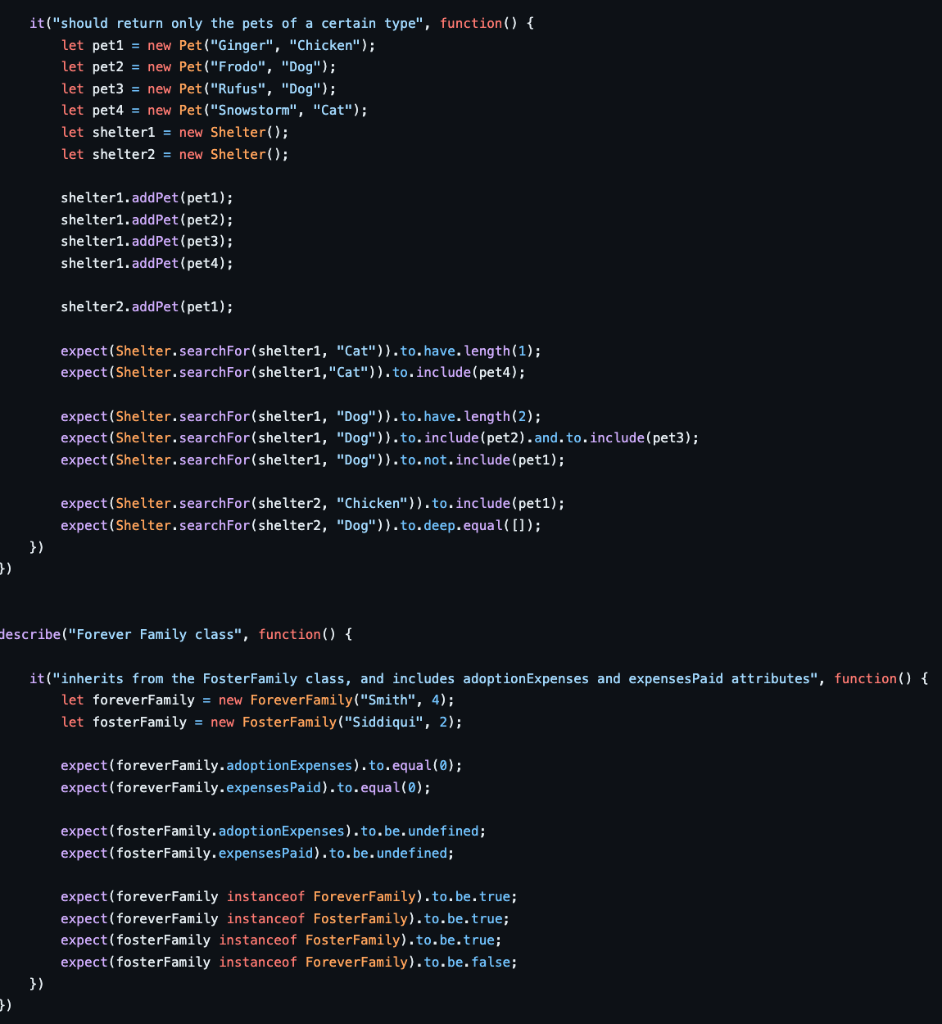it( should return only the pets of a certain type, function() \{
let pet1 = new Pet(Ginger, Chicken);
let pet2 = new Pe