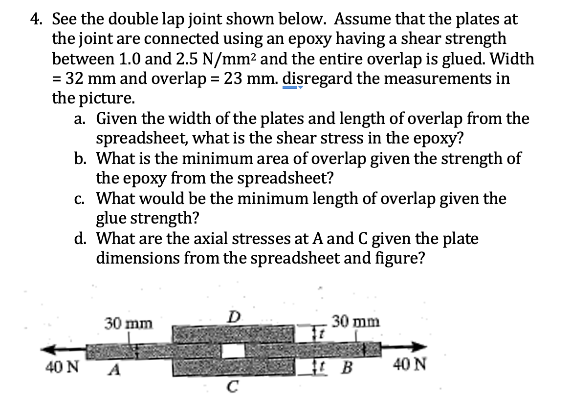 Solved 4. See the double lap joint shown below. Assume that | Chegg.com