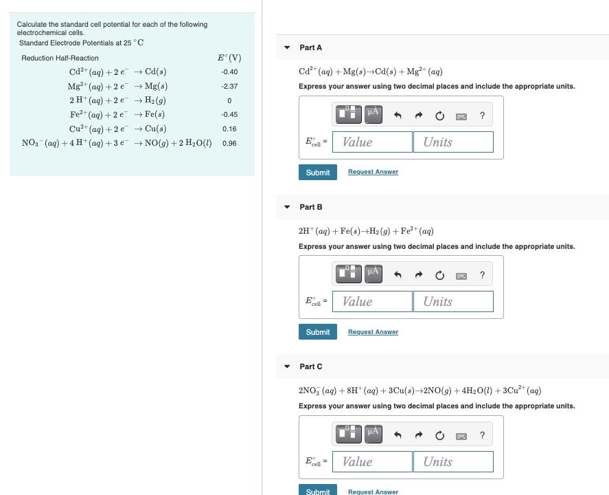 Solved Part A Calculate the standard cell potential for each