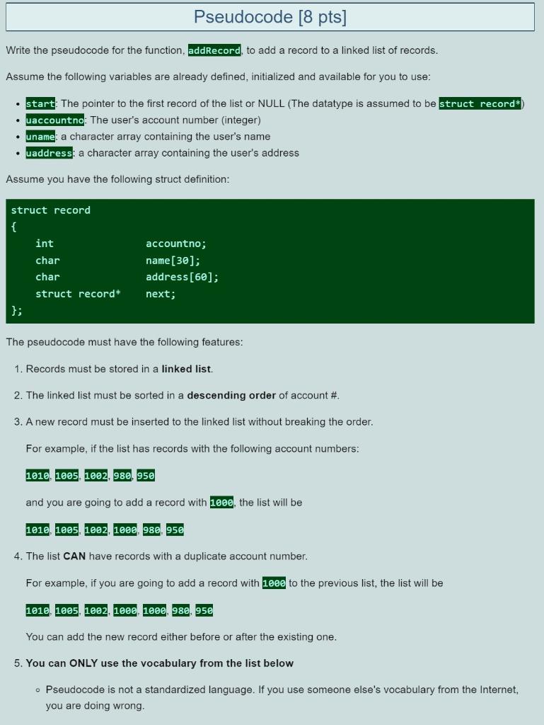 Solved Write the pseudocode for the function, addRecord, to | Chegg.com