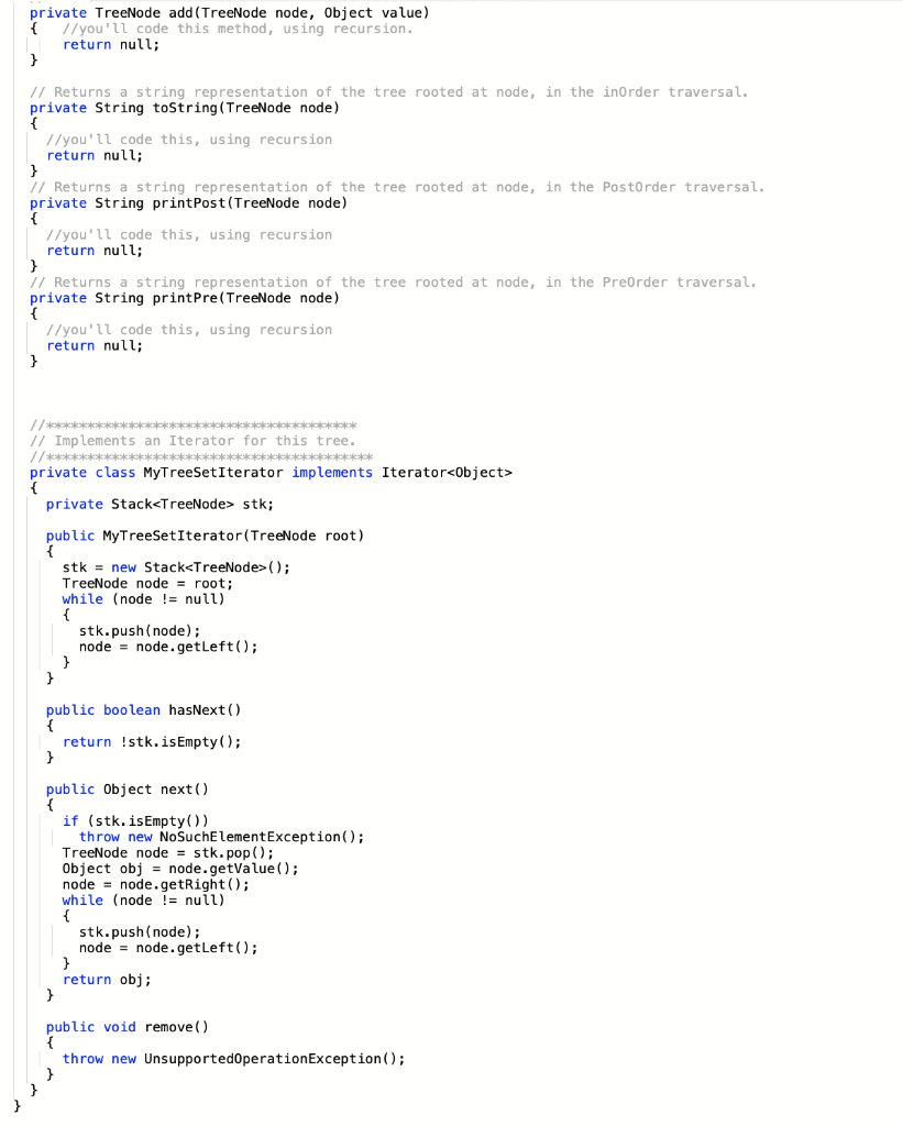 MyTreeSet Class: 1. Constructor - set the root | Chegg.com