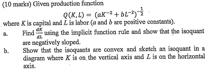 Solved (10 marks) Given production function Q(K,L) = (ak-2 + | Chegg.com