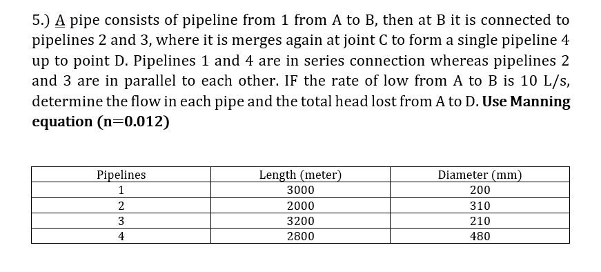 Solved 5.) A Pipe Consists Of Pipeline From 1 From A To B, | Chegg.com