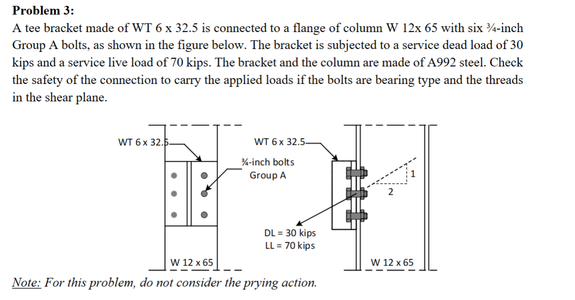 Solved Problem 3: A tee bracket made of WT 6×32.5 is | Chegg.com