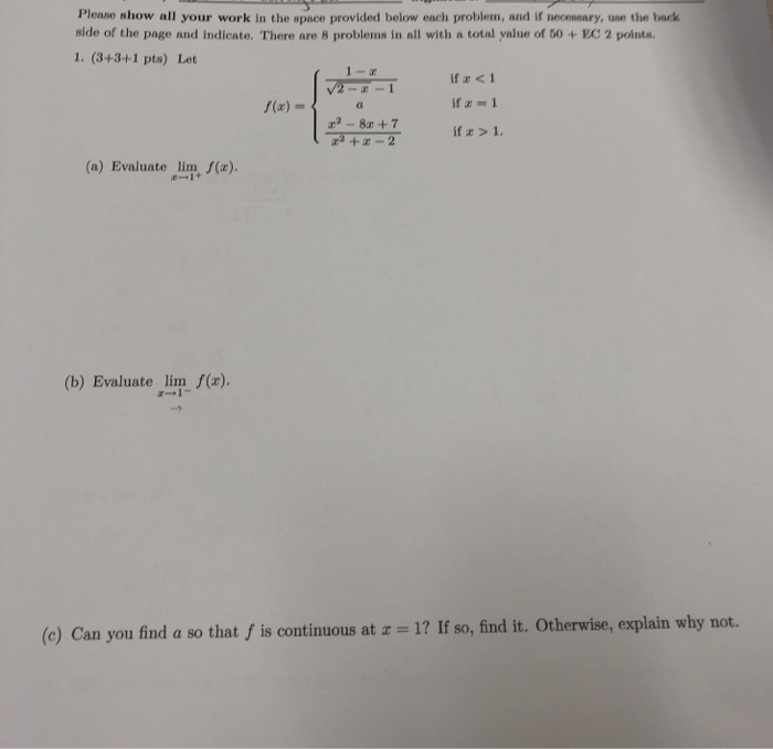 Solved Please show all your work in the space provided below | Chegg.com