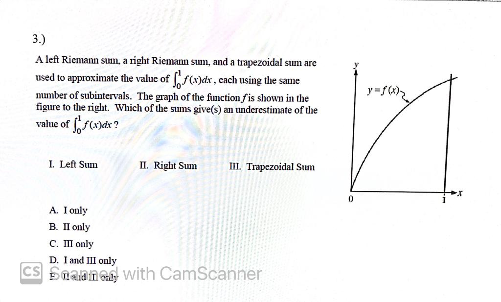 Solved 3.) A left Riemann sum, a right Riemann sum, and a | Chegg.com