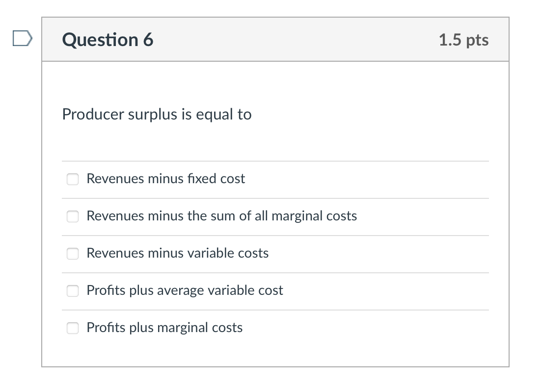 Solved Producer surplus is equal to Revenues minus fixed