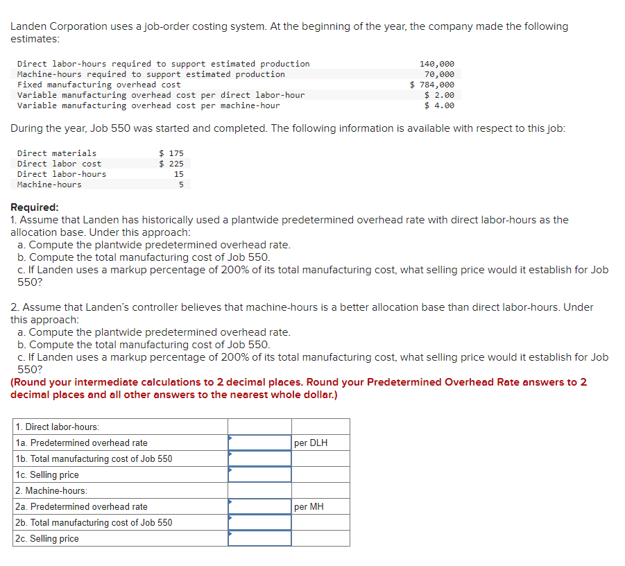 Solved Landen Corporation Uses A Job-order Costing System. 