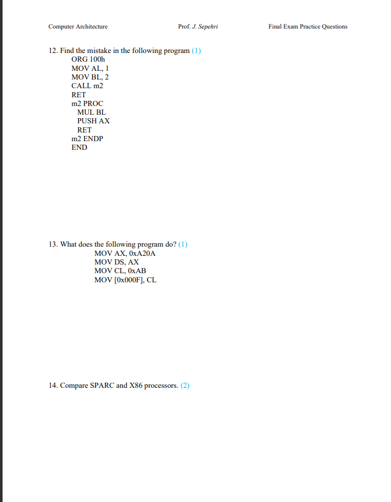 Solved Computer Architecture Prof. J. Sepehri Final Exam | Chegg.com