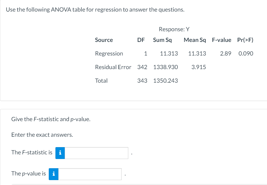 Solved Use the following ANOVA table for regression to | Chegg.com