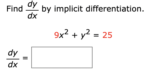 Solved Find dxdy by implicit differentiation. 9x2+y2=25 | Chegg.com