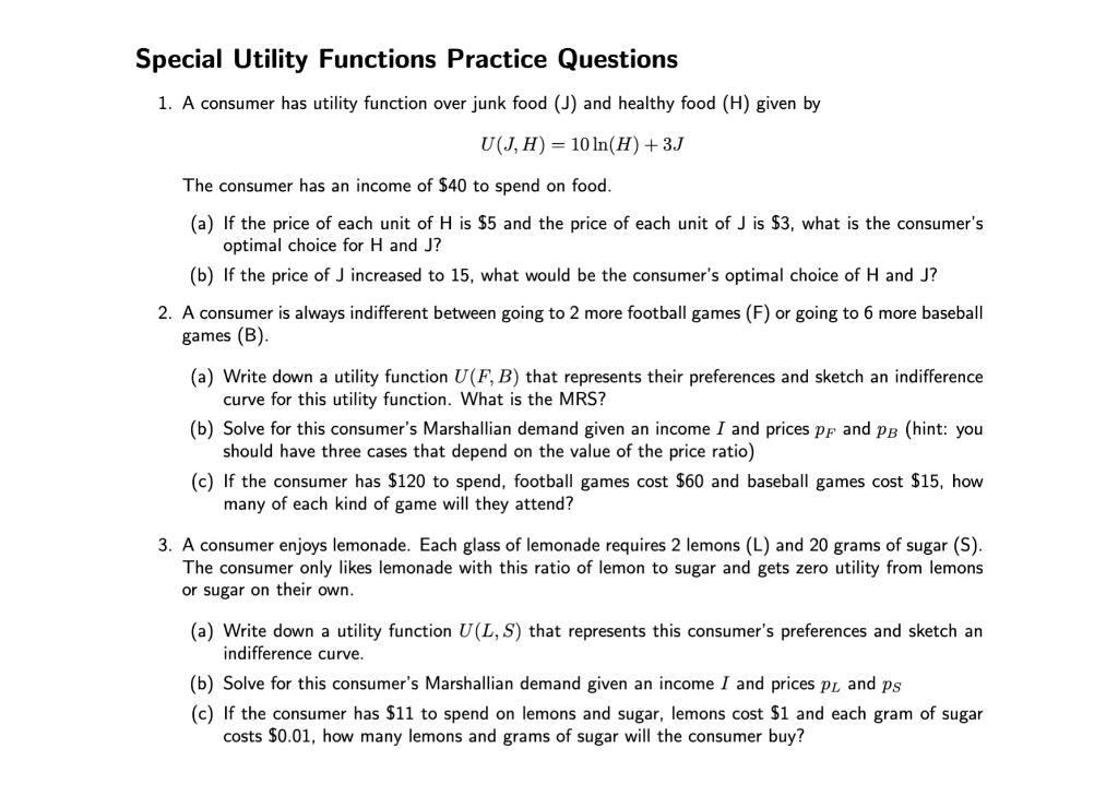 Solved Special Utility Functions Practice Questions 1. A | Chegg.com