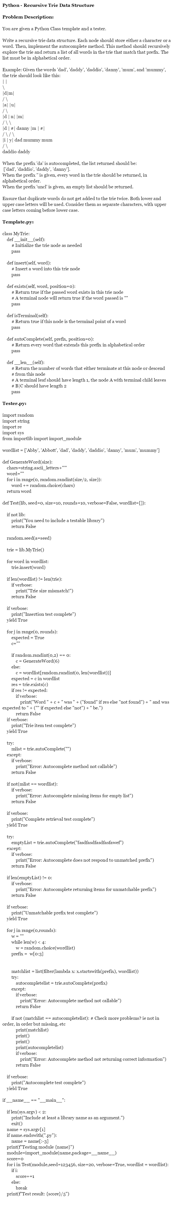 Python - Recursive Trie Data Structure Problem | Chegg.com