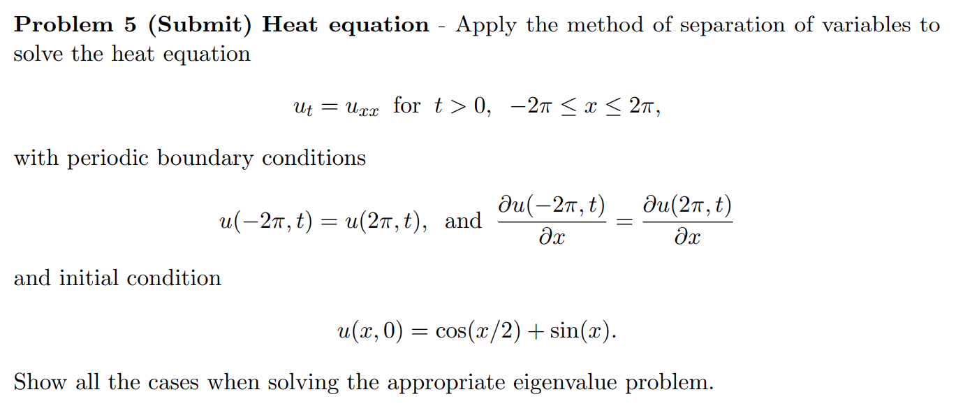 Solved Problem 5 (Submit) Heat equation - Apply the method | Chegg.com
