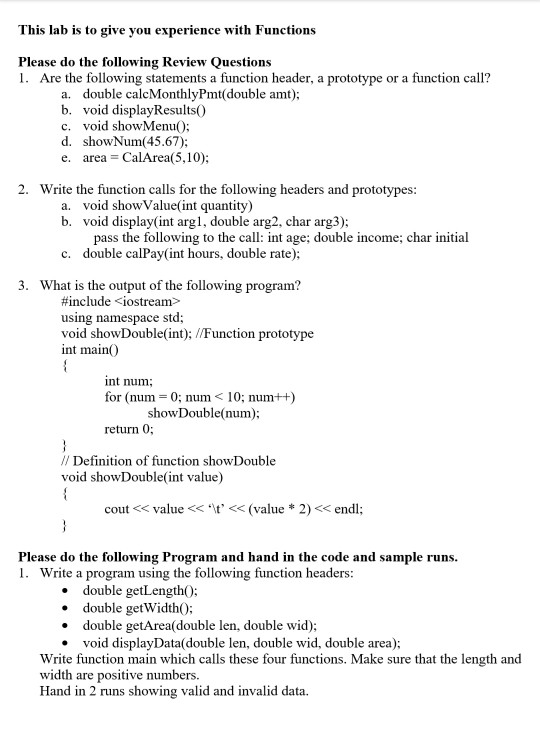 Solved This lab is to give you experience with Functions | Chegg.com