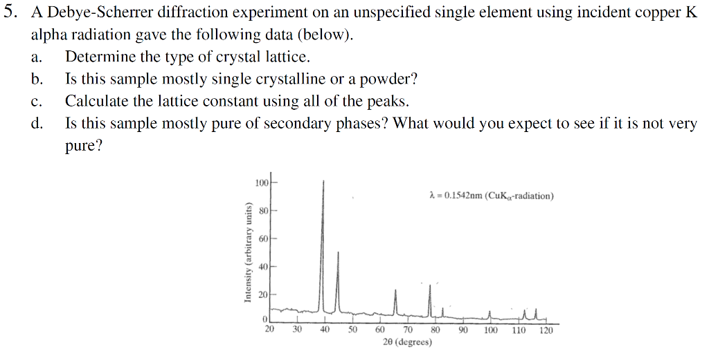 5. A Debye-Scherrer diffraction experiment on an unspecified single element using incident copper K alpha radiation gave the 