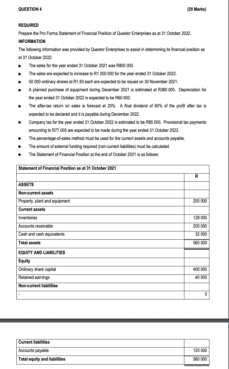 Solved QUESTION 4 (20 Marks) REQUIRED Prepare the Pro Forma | Chegg.com