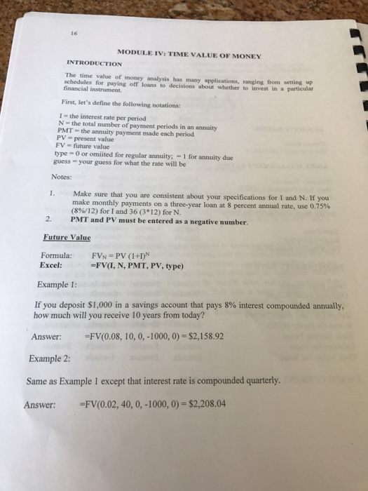 Solved 16 MODULE IV: TIME VALUE OF MONEY INTRODUCTION The | Chegg.com