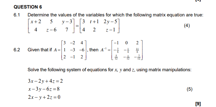 Solved QUESTION 6 6.1 Determine the values of the variables | Chegg.com