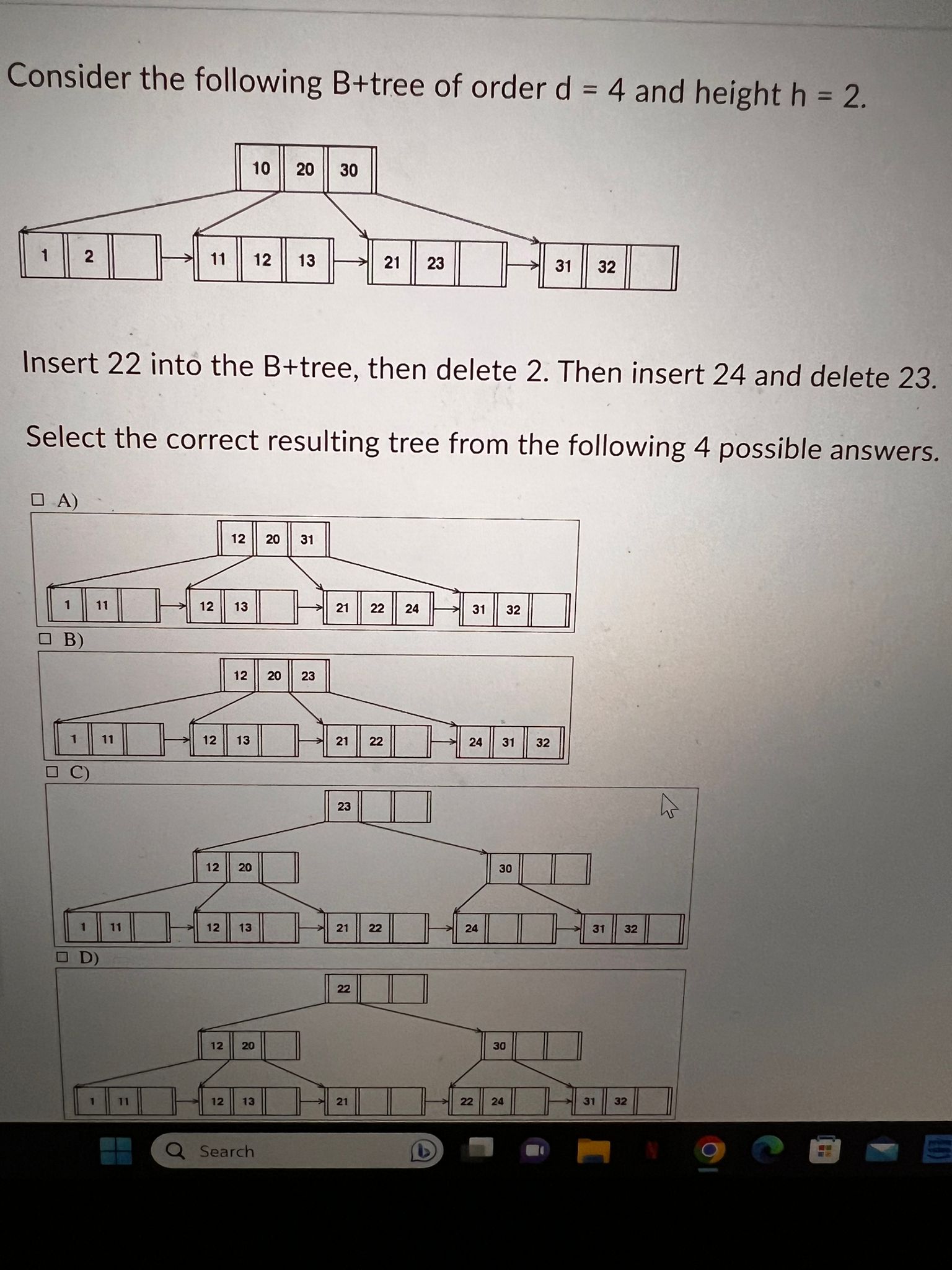 Solved Consider The Following B+tree Of Order D=4 And Height | Chegg.com