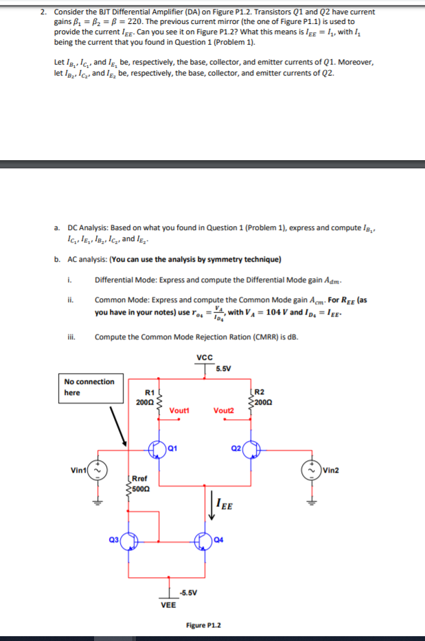 Solved 2. Consider the BJT Differential Amplifier (DA) on | Chegg.com