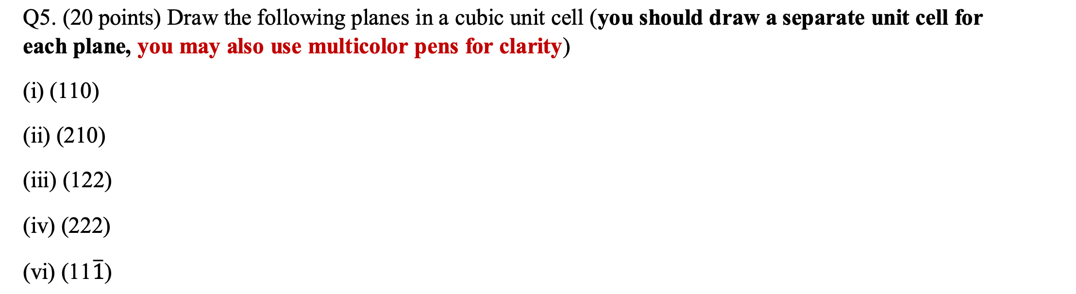 Solved Q5. (20 points) Draw the following planes in a cubic | Chegg.com