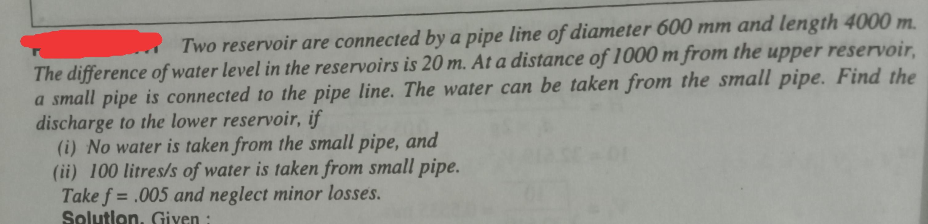 Solved ... Two reservoir are connected by a pipe line of | Chegg.com
