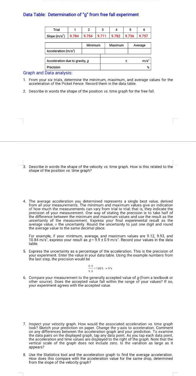 Solved Determination of “g” from free fall using picket | Chegg.com