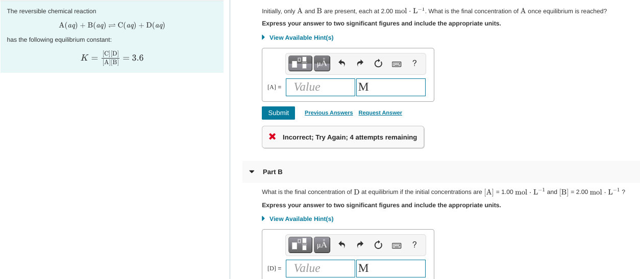 Solved The Reversible Chemical Reaction Initially, Only A | Chegg.com