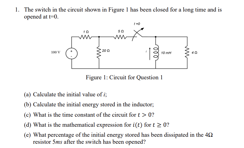 Solved The switch in the circuit shown in Figure 1 has been | Chegg.com
