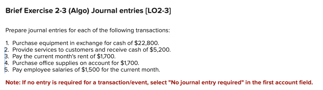 Solved Brief Exercise 2-3 (Algo) Journal entries [LO2-3] | Chegg.com