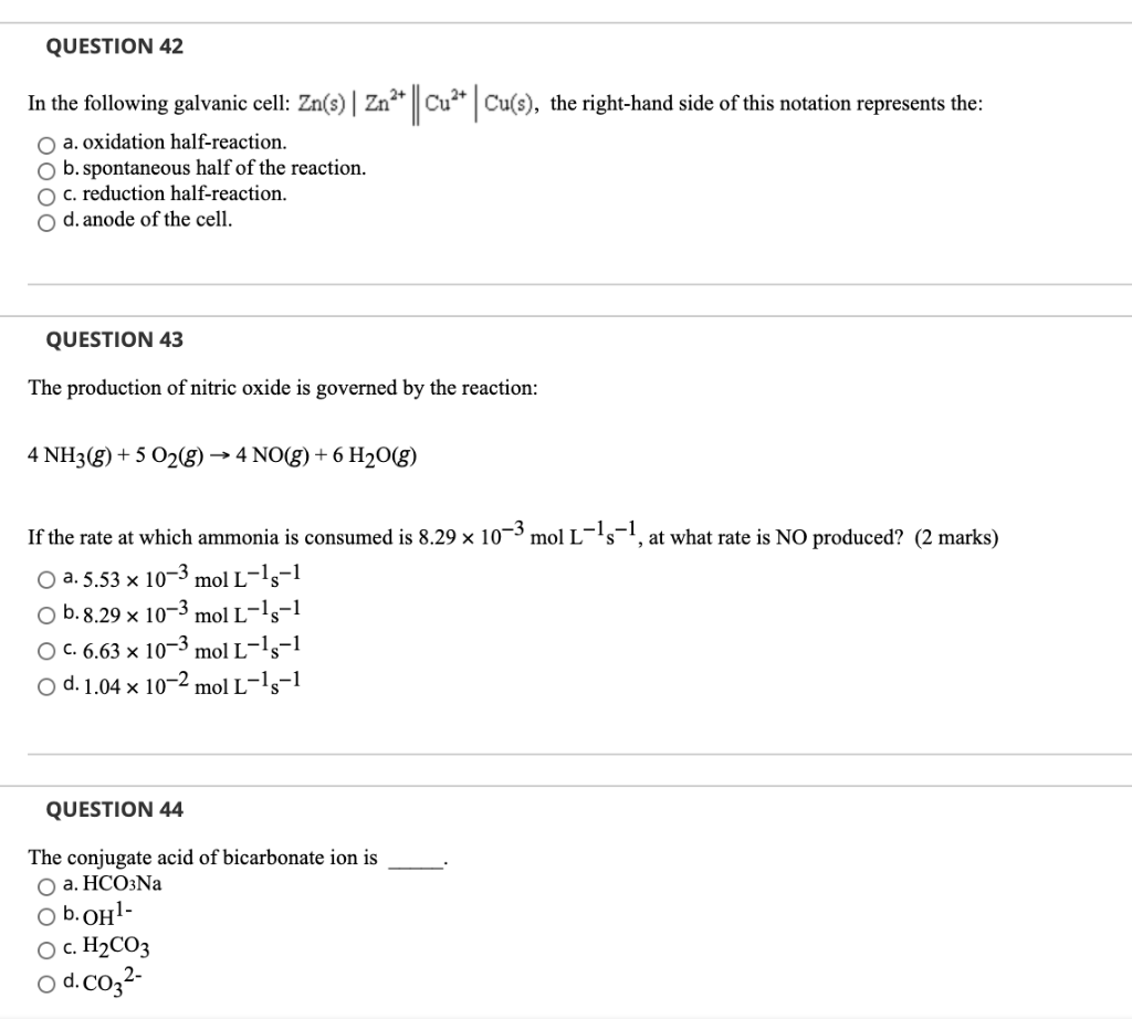 Solved QUESTION 42 In the following galvanic cell: Zn(3)| | Chegg.com