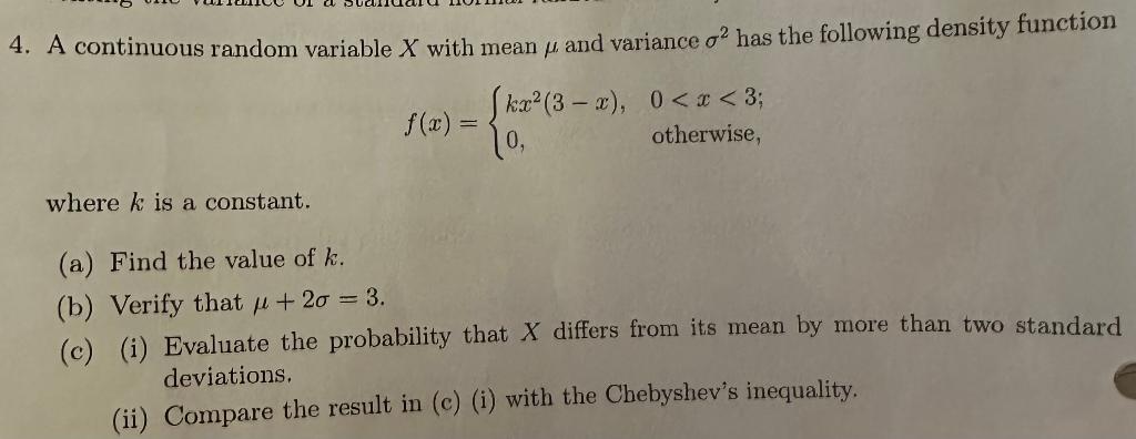 Solved 4. A continuous random variable X with mean μ and | Chegg.com