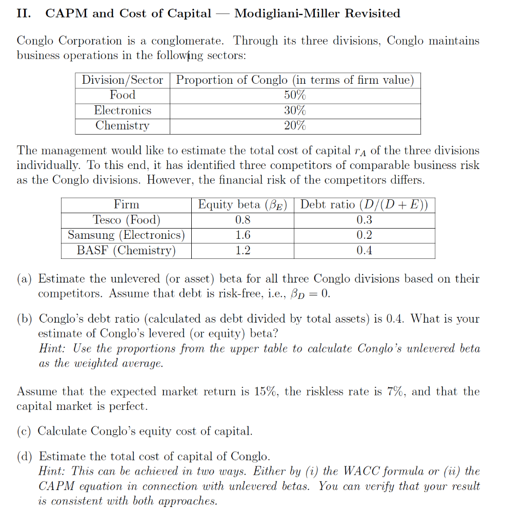 II. CAPM and Cost of Capital Modigliani-Miller | Chegg.com