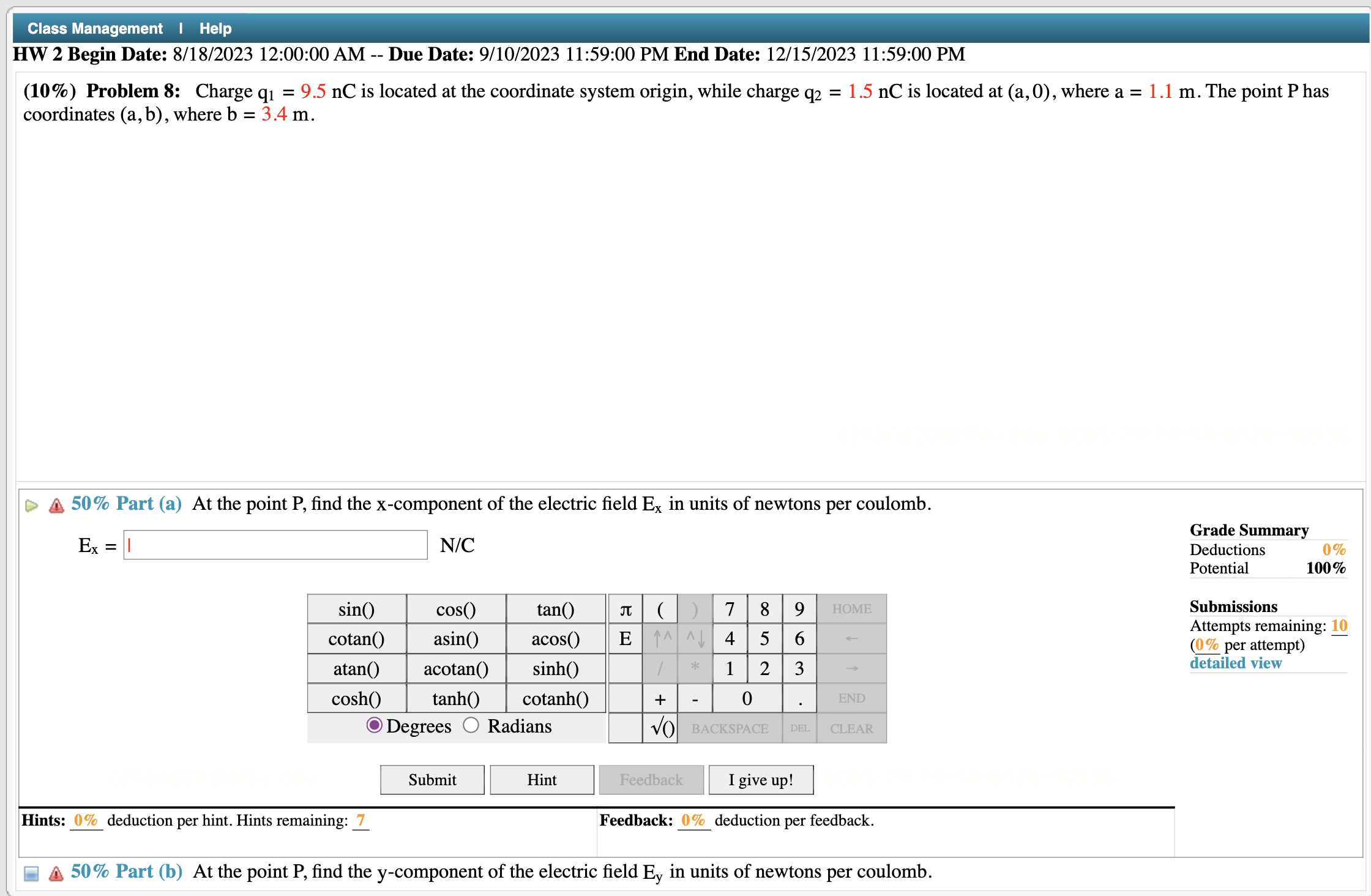 Solved Charge q1=9.5nC is located at the coordinate system | Chegg.com